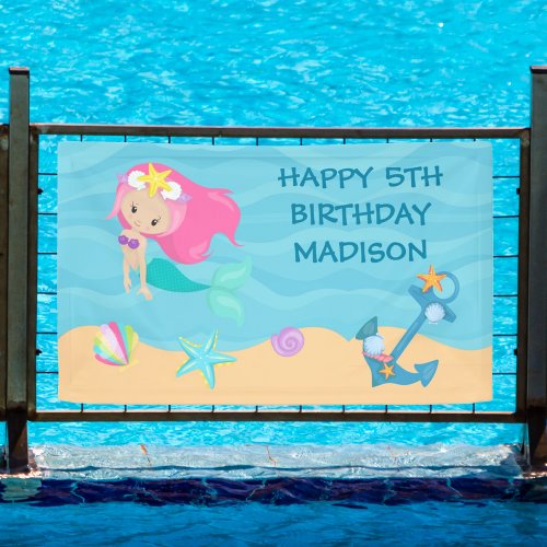 Pretty Mermaid Kids Custom Beach Birthday Party Banner