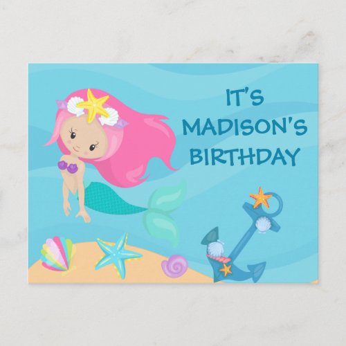 Pretty Mermaid Kids Pink Birthday Party Invitation Postcard