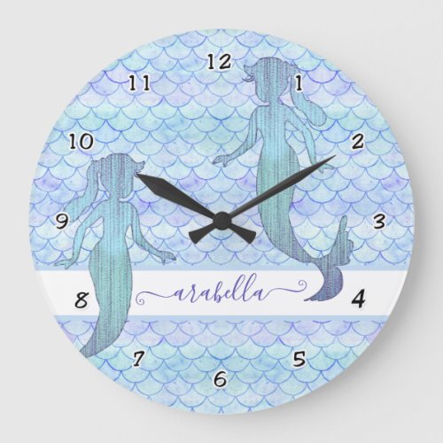 Pretty Mermaid Little Girl Name Watercolor Pattern Large Clock