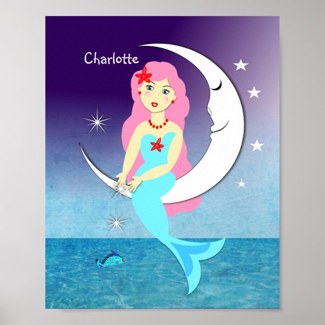 Pretty Mermaid On The Moon Personalized Poster (Front)