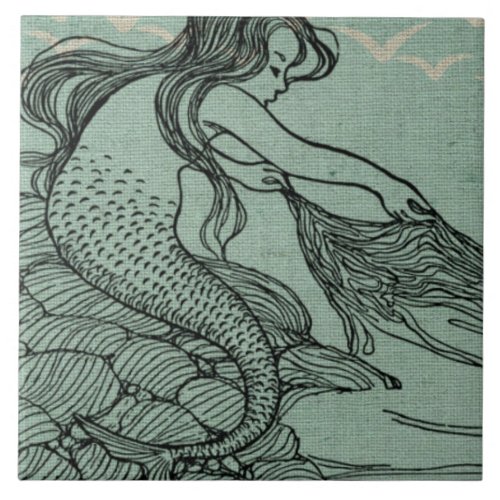 Pretty Mermaid On The Sea Shore Nautical Scene Ceramic Tile