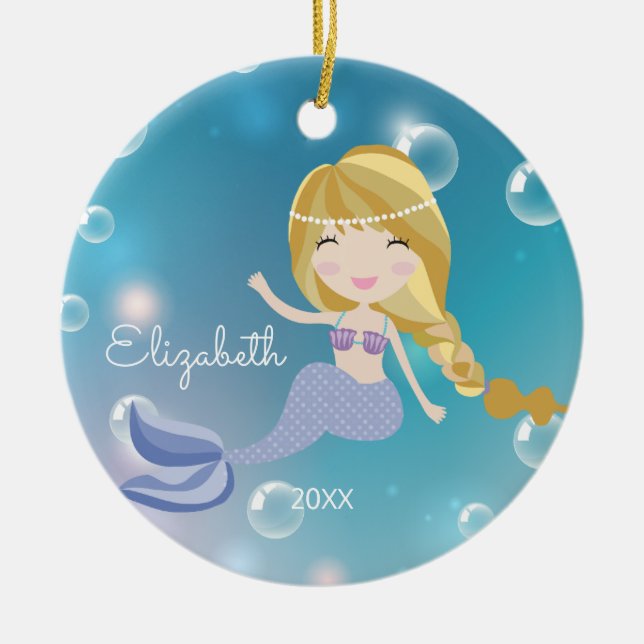 Pretty Mermaid Personalized Christmas Ornament (Front)