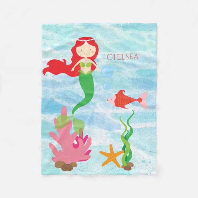 Pretty Mermaid Personalized Fleece Baby Blanket (Front)