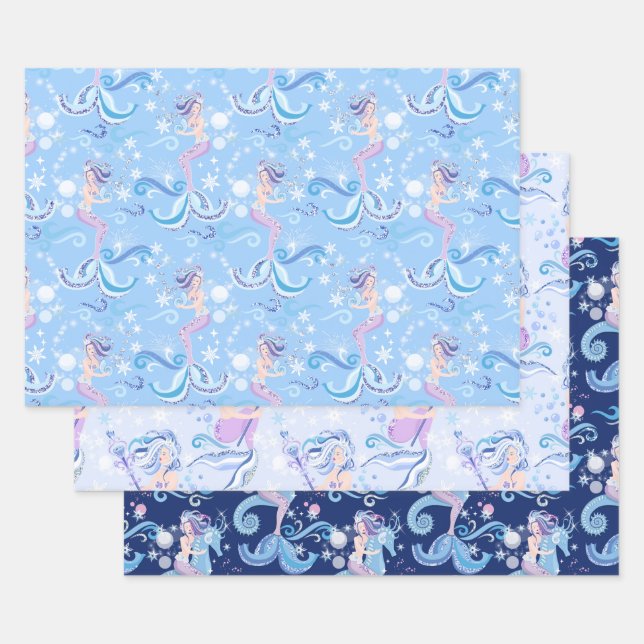 Pretty Mermaid Purple Blue Wrapping Paper Sheets (Set)