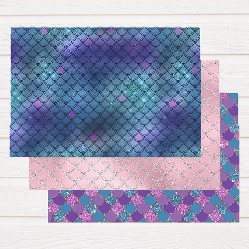 Pretty Mermaid Scales glitter Purple Blue Wrapping Paper Sheets