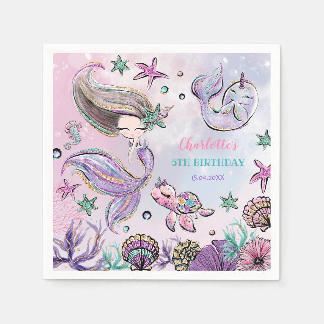 Pretty Mermaid Sea Turtle Narwhal Birthday Girl Napkins (Front)