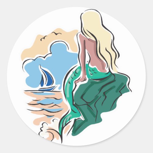 pretty mermaid sitting on rock classic round sticker