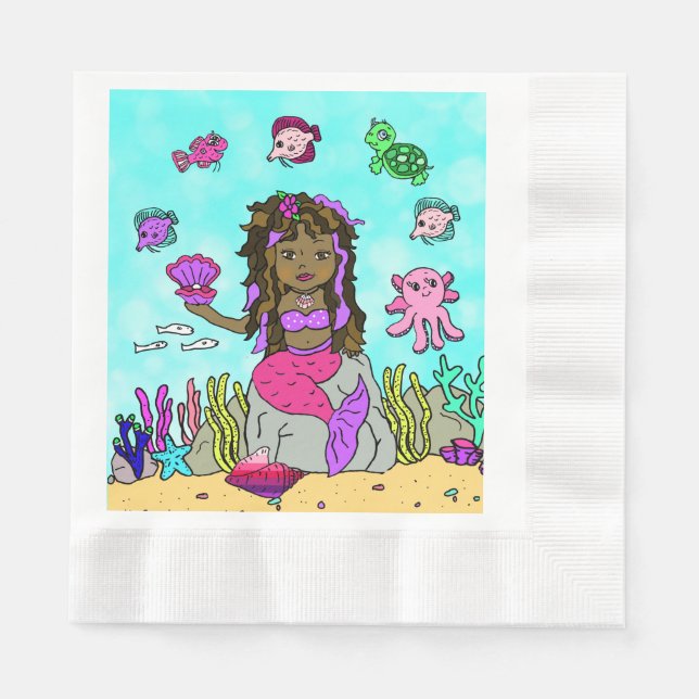 Pretty Mermaid Tropical Themed Birthday Napkins (Front)