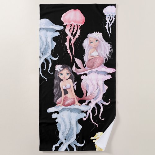 Pretty Mermaids and Jellyfish Under the Sea Beach Towel