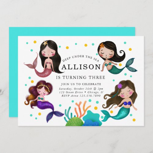  Pretty Mermaids Under the Sea Girls Birthday Invitation