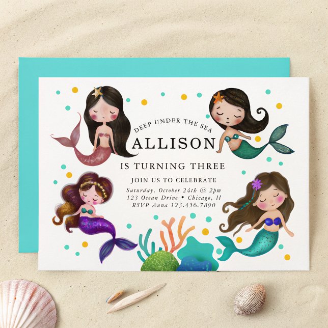 Pretty Mermaids Under the Sea Girls Birthday Invitation (Creator Uploaded)