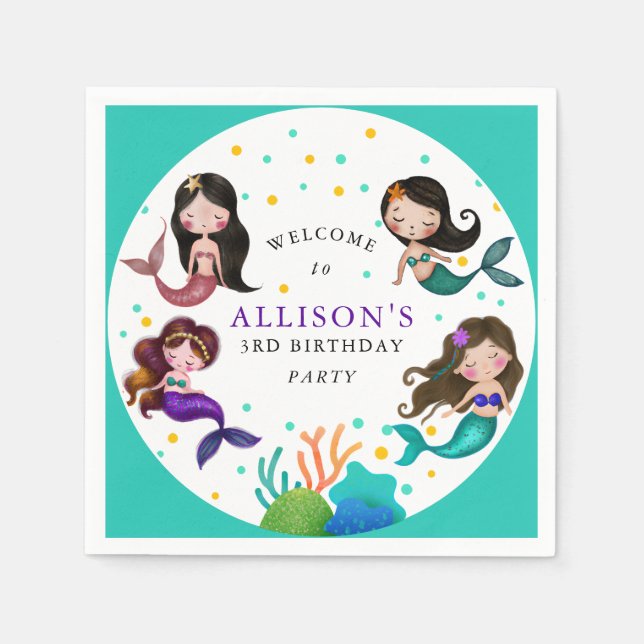 Pretty Mermaids Under the Sea Girls Birthday Napkins (Front)