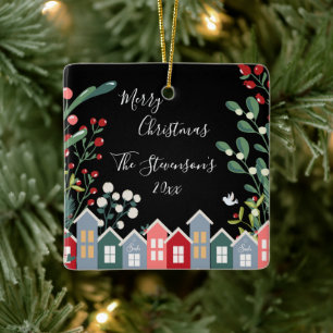 Pretty Merry Christmas Personalized Name Floral Ceramic Ornament