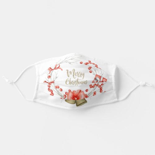 Pretty Merry Christmas Wreath Holly Red Bells Adult Cloth Face Mask