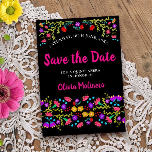 Pretty Mexican Fiesta Floral Black and Pink Save The Date