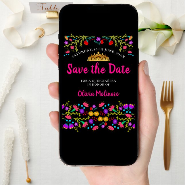 Pretty Mexican Fiesta Floral Gold Tiara Black Pink Save The Date (Front Digital)