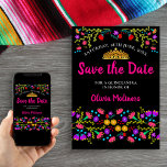 Pretty Mexican Fiesta Floral Gold Tiara Black Pink Save The Date<br><div class="desc">Save the Date Announcement Card which you can customize to suit any occasion. The floral design has an abundance of pretty Mexican Fiesta flowers on the front with sweet typography in pink and a black background. The template is set up for you to personalize the postcard with your special date,...</div>