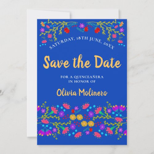 Pretty Mexican Fiesta Floral Royal Blue Save The Date