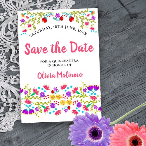 Pretty Mexican Fiesta Floral White and Pink Save The Date