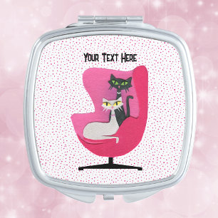 Pretty Mid Century Cats in Pink chair Polka Dots Compact Mirror