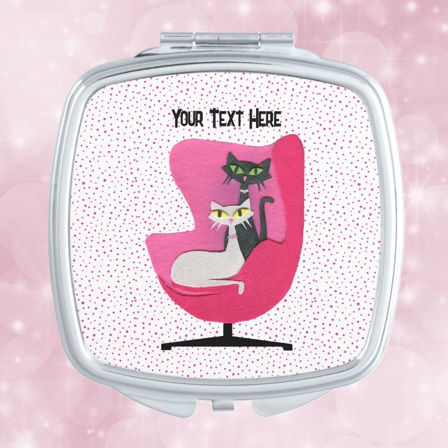 Pretty Mid Century Cats in Pink chair Polka Dots Compact Mirror (Two pretty mid century style cats diamond collars in pink chair pink dots on white mirrow compact.)