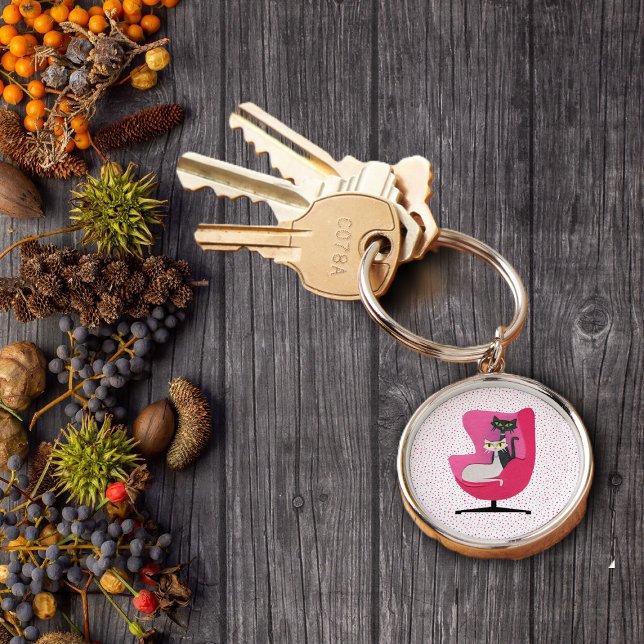 Pretty Mid Century Cats Pin Chair Polka Dots Keychain (Pretty mid century cats in bright pink chair on pink polka dots keychain.)