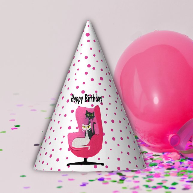 Pretty Mid Century Cats Pink Chair Polka Dots Party Hat (Pretty mid century style cats in pink chair vibrant pink polka dots on white Birthday party hat.)
