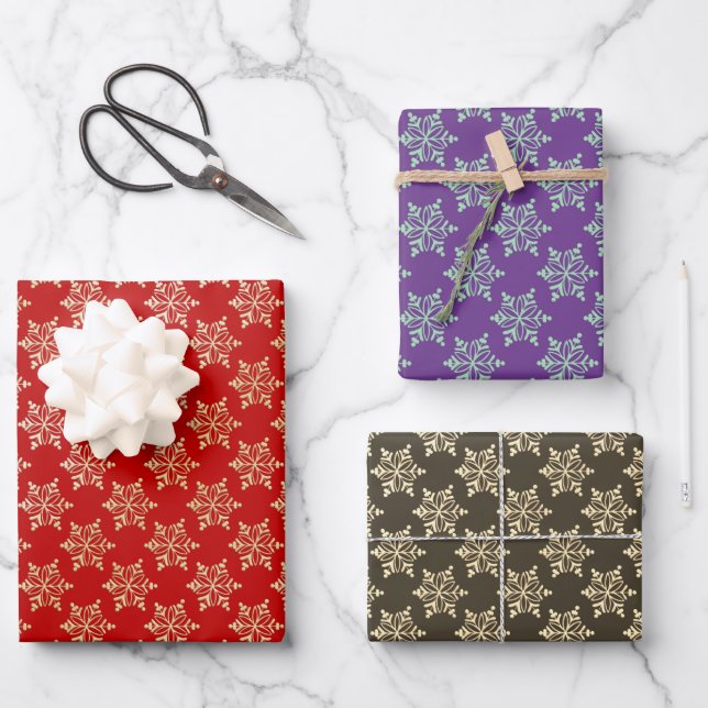 Pretty Minimalist Snowflake Christmas Wrapping Paper Sheets (Front)
