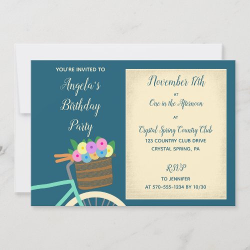 Pretty Mint and Teal Bicycle Basket with Flowers Invitation