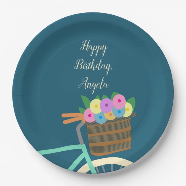 Pretty Mint and Teal Bicycle Basket with Flowers Paper Plates (Front)