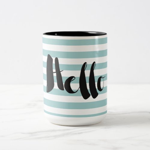 Pretty Mint and White Stripes Hello Two_Tone Coffee Mug