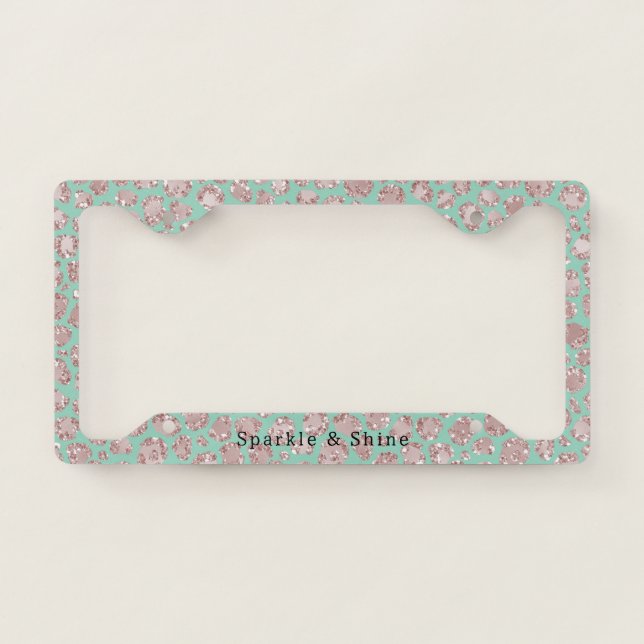 Pretty Mint  Blush Glitzy Glitter Sparkle Leopard License Plate Frame (Front)