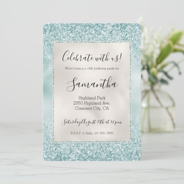 Pretty Mint Glitzy Sparkle Glitter Invitation (Standing Front)