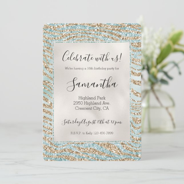 Pretty Mint Glitzy Sparkle Gold Zebra Glitter   Invitation (Standing Front)