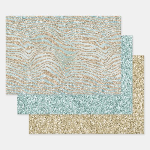 Pretty Mint Glitzy Sparkle Gold Zebra Glitter Wrapping Paper Sheets