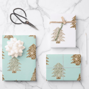 Pretty Mint Gold Glitter Glam Christmas Trees Wrapping Paper Sheets