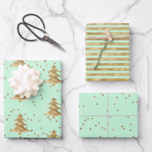 Pretty Mint Green Gold Christmas Tree   Wrapping Paper Sheets