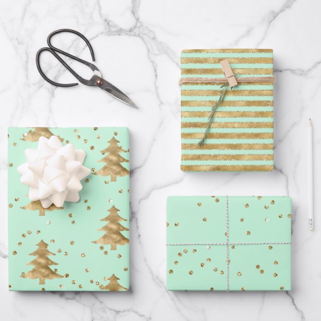 Pretty Mint Green Gold Christmas Tree   Wrapping Paper Sheets (Front)
