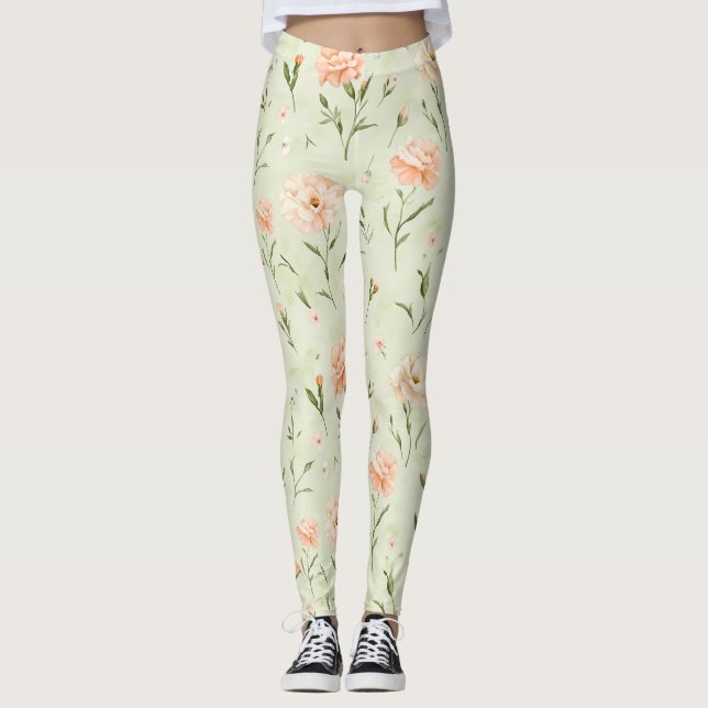 Pretty Mint Peach Floral Leggings (Front)