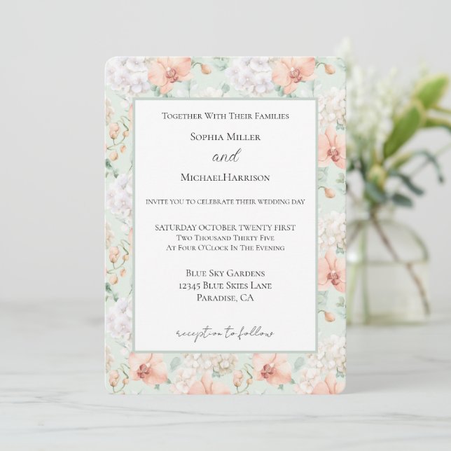 Pretty Mint Peach Orchid Flowers Wedding Invitation (Standing Front)