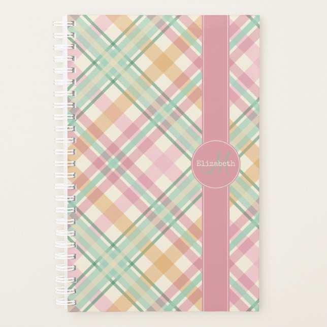 pretty mint pink pastels springtime plaid planner (Front)