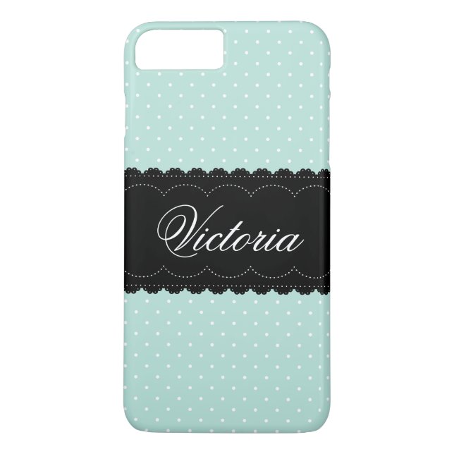 Pretty Mint Polka Dots Black Design Custom Name Case-Mate iPhone Case (Back)