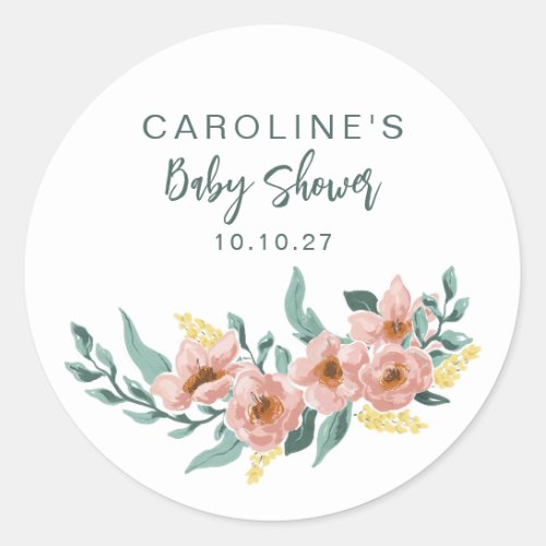 Pretty Mint Sage Blush Floral Custom Baby Shower Classic Round Sticker