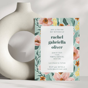 Pretty Mint Sage Blush Pink Floral Bat Mitzvah Invitation
