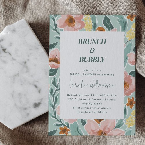 Pretty Mint Sage Blush Pink Floral Bridal Shower Invitation