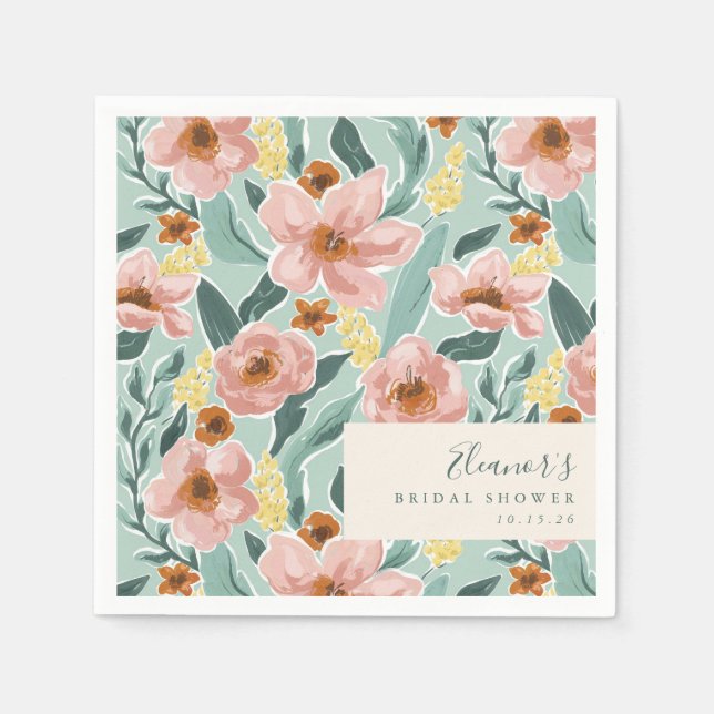 Pretty Mint Sage Blush Pink Floral Bridal Shower Napkins (Front)