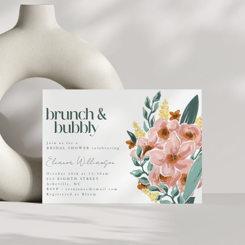Pretty Mint Sage Blush Pink Floral Brunch Bubbly Invitation
