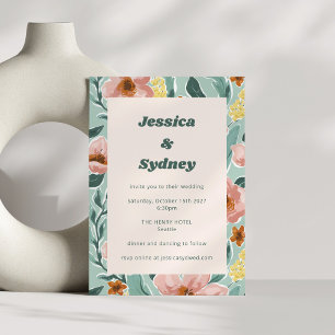 Pretty Mint Sage Blush Pink Floral Wedding Invitation