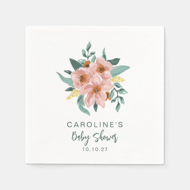 Pretty Mint Sage Pink Floral Custom Baby Shower Napkins (Front)