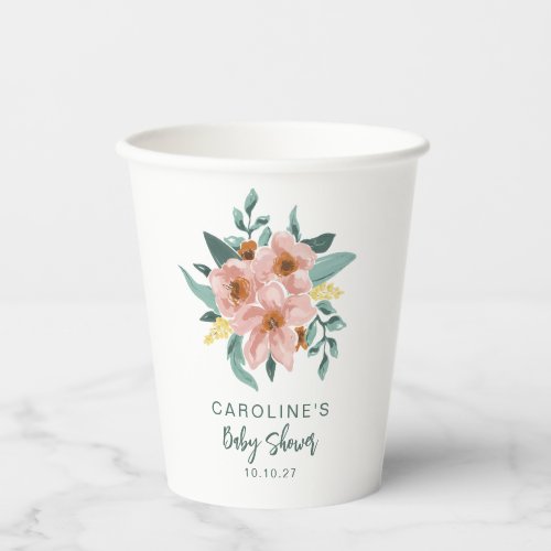 Pretty Mint Sage Pink Floral Custom Baby Shower Paper Cups